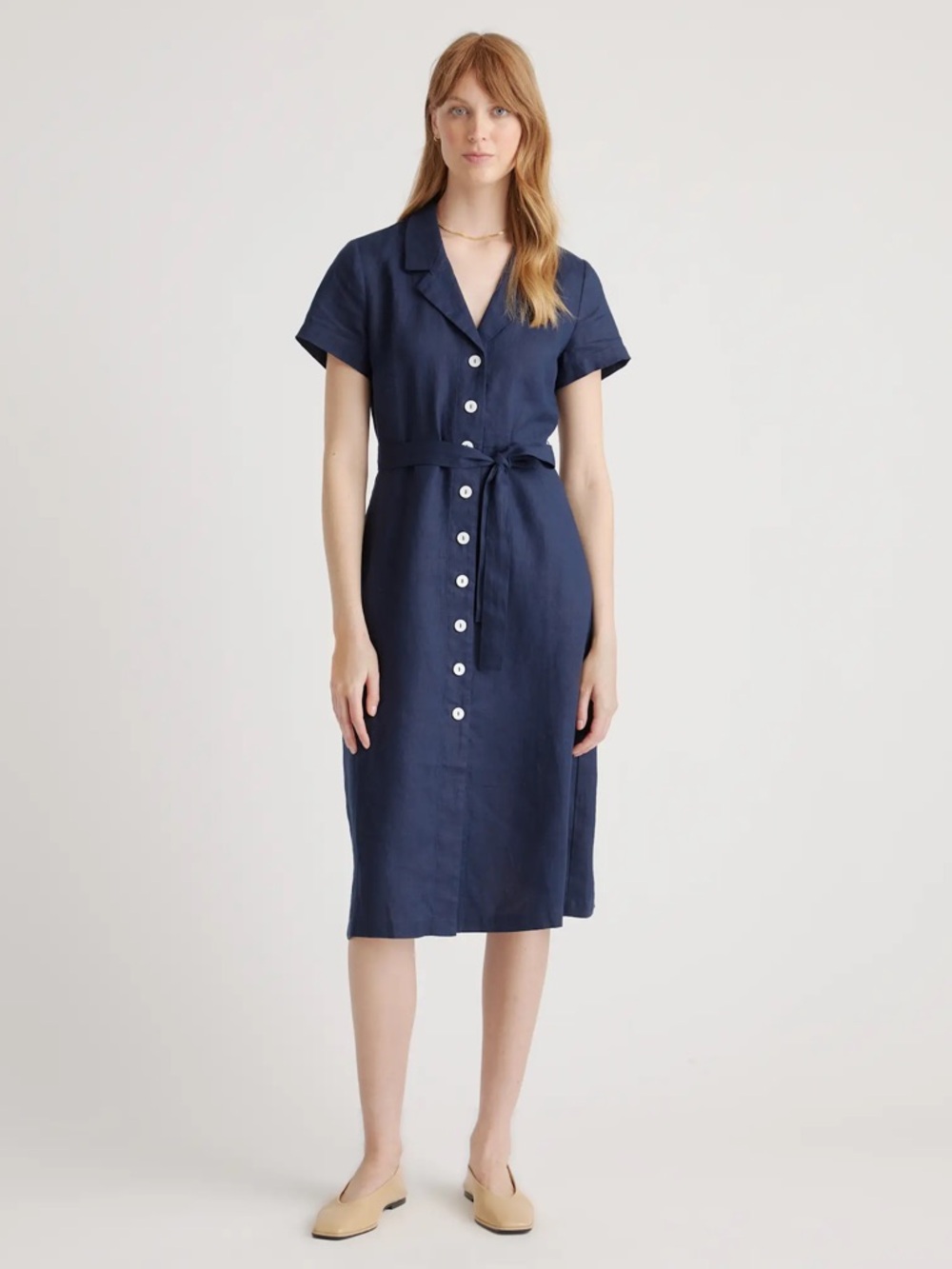 Quince Navy Short-Sleeve 100% European Linen Button Midi Dress